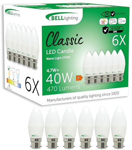 BELL Lighting B22 Bayonet Light Bulb LED Candle 6 Pack | Warm White 2700K | 470 Lumen 4.7 Watts | Energy Saving Candle LED Light Bulb | 40W Lamp Equivalent | Non-Dimmable