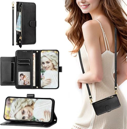 SEHEYA Handyhülle für Motorola Moto G10 / G20 / G30 Klapphülle Vintage mit Reißverschluss Handytasche zum Umhängen PU Leder Klappbar Geldbörse Trageband Schutzhülle, Schwarz