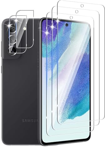 DXULWLM 3+2 Pièces Verre Trempé pour Samsung Galaxy S21 FE 5G avec Caméra Arrière Protecteur,HD Transparent,9H Dureté,sans Bulles,Anti-Rayures,Protection Décran pour Samsung Galaxy S21 FE 5G