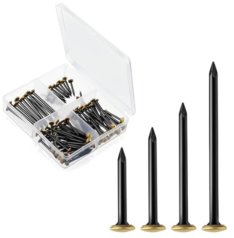 Lot de 120 clous pour tableau (20/25/30/40 mm) Acier au Carbone Tête Dorée | Clous Muraux Solides pour Accrocher Tableaux, Cadres Et Photos sur Béton, Brique, Bois Ou Plâtre, avec Boîte.