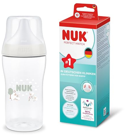 NUK Perfect Match Baby Bottle | 3+ Months | 260ml | Anti Colic Feeding Bottle | PP | Temperature Control Indicator | Sheep | 1 Count