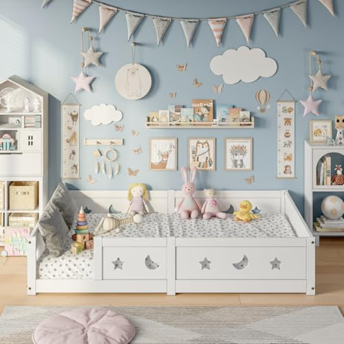 Bodenbett 120x200cm, Montessori Kinderbett mit Rausfallschutz & Lattenrost, Sternen- und Mondmusterdesign Toddler Bed Kinderbetten für Jungen Mädchen aus Kiefer Massivholz, Weiß (Weiß-A01, 120x200)