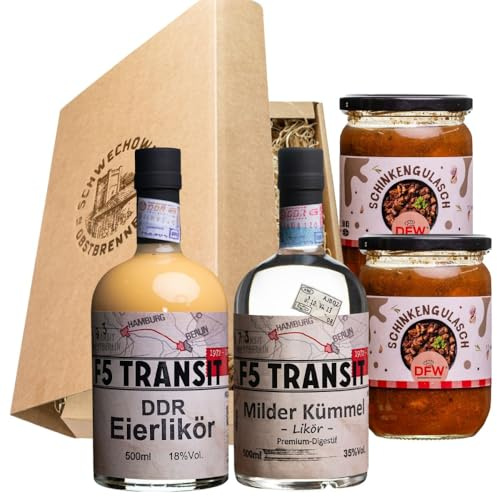 Schnapsgeschenk Nr. 15242 | DDR Eierlikör Original 0.5l (18% Vol) + Milder Kümmel Likör 0.5l (35% Vol) + 2 x DFW Schinkengulasch im Glas (500g) | Schwechower Brennerei (1229)