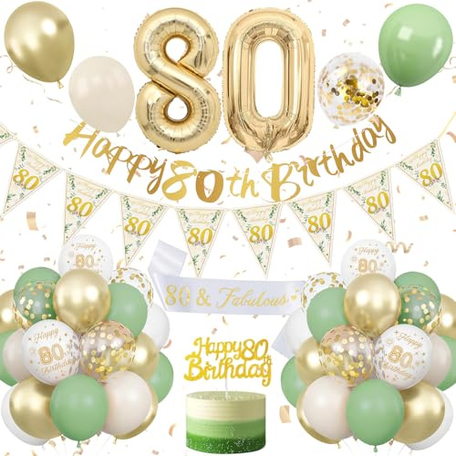 80. Geburtstag Deko Frauen,Salbeigrüne 80. Geburtstagsdeko,Deko 80 Geburtstags Frau Mann,Luftballons 80 Jahre Geburtstag Ballon Grün Weiß Gold mit Banner Happy Birthday für 80.Dekoration