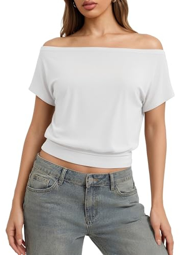 ALGALAROUND Women Off The Shoulder Summer Tops Asymmetrical One Shoulder T Shirt Casual Short Sleeve Boat Neck Tees White M