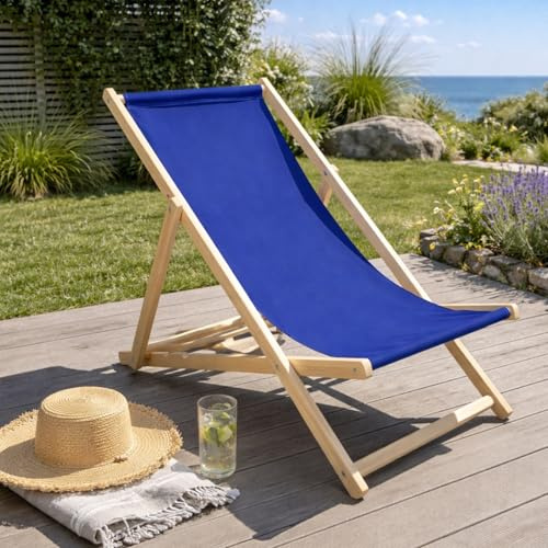 HAGO24 Strandliege Blau Sonnenliege Gartenliege Liegestuhl Klappstuhl Holz Kiefernholz Polyester 3fach verstellbar faltbar Balkon Terrasse 120kg