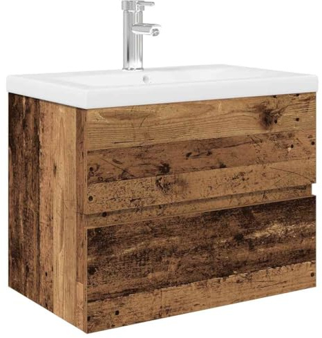 Coespram Meuble de lavabo avec lavabo encastré et robinet - Meuble de salle de bain avec lavabo et tiroir en céramique - Lavabo mural - Aspect bois vieilli - 60 x 38,5 cm