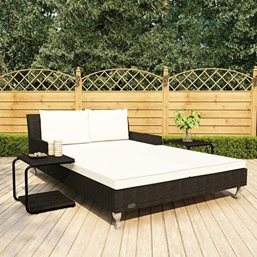 Mangloder - Tumbona para 2 personas con cojines de polirratán negro, cama de jardín con marco de acero pulverizado, 200 x 132 x 71 cm, para terraza, piscina y uso al aire libre