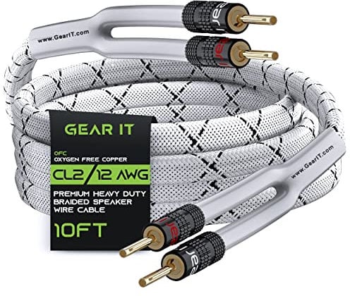 GEARit 12AWG Gauge (2 x 4mm²) Premium Heavy Duty Braided Speaker Wire (3 Meters / 10 Feet/White) with Dual Gold Plated Banana Plug Tips - Oxygen-free Copper (OFC) Construction