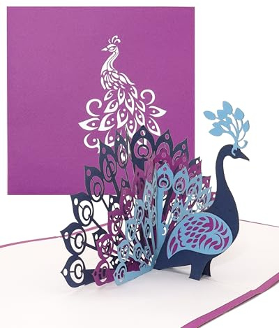 3D Pop-Up Karte „Pfau“ – Hochzeitskarte & Einladung | Blauer Pfau mit ausgebreitetem Gefieder entfaltet sich beim Öffnen – als Hochzeitskarte, Einladung oder Gutschein.