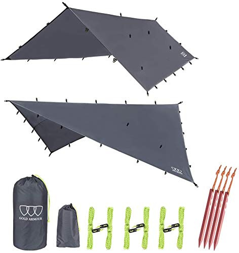 Gold Armour Rainfly Tarp Hammock, 14.7ft/12ft/10ft/8ft Rain Fly Cover, Waterproof Ultralight Ripstop Fabric, Survival Gear Backpacking Camping Tent Accessories (Gray, 10ft x 10ft)