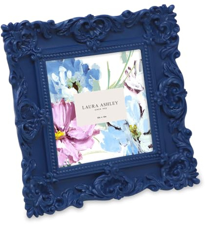 Laura Ashley - Handmade Resin Picture Frame with Easel and Hook for Tabletop and Wall, Decorative Floral Picture Frame for Home Decor, Photo Gallery, Art and More (4x4 Inch, Blue