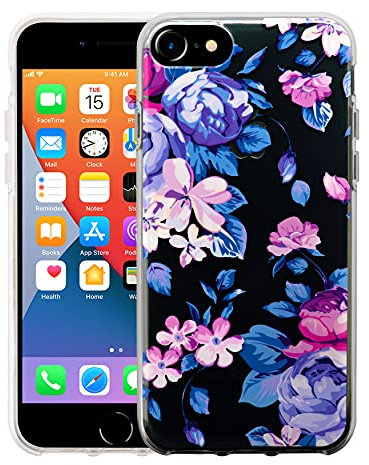 Sephonie Flower Case for iPhone SE 2020 (2nd gen) / 8/7, Floral Pattern Clear Slim Girly Design, Shockproof Protective Hard PC Back with Soft TPU Bumper Phone Cover for Girls and Women | Blue-Pink
