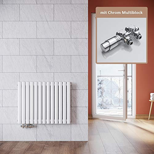 ELEGANT Radiateur moderne blanc - 600 x 767 mm - Avec thermostat chromé - Design horizontal - Double couche - Raccordement central
