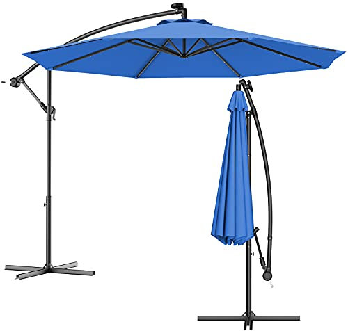 COSTWAY Ø300cm LED Ampelschirm Sonnenschirm, Gartenschirm mit Solarlichtern, Terrassenschirm neigbar, Strandschirm für Garten, Terrasse, Pool oder Veranda (Blau)