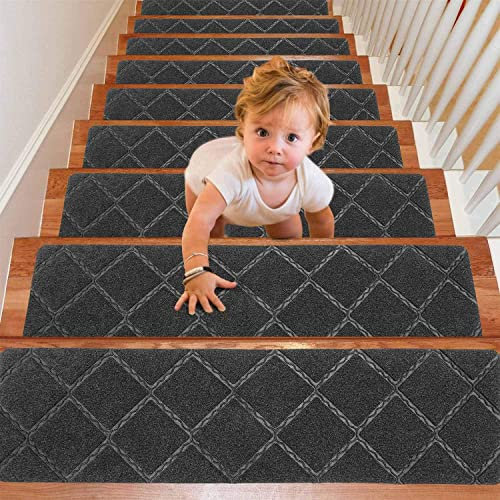 LINFKY Anti-Rutsch Teppich Stufenmatten Indoor 15 Stück Treppenteppich Für Holzstufen Stufenteppich Treppenmatten Spezialisiert Für Kinder, Senioren Und Hunde 76 X 21 cm (Grau,Set of 15)