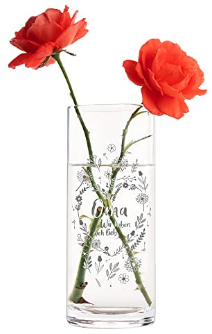 Casa Vivente Blumenvase mit Gravur für Oma, Wir haben Dich lieb, Glasvase für Schnittblumen, Blumenherz auf Deko-Vase zum Großmuttertag
