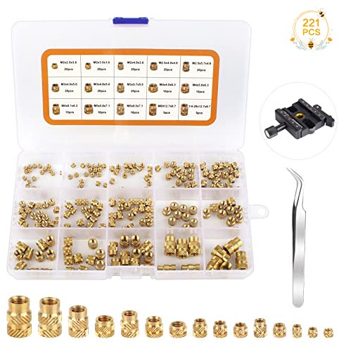 Ruicaifu 221 Stück Gewindeeinsatz M2 M2.5 M3 M4 M5 M6 Einpressmutter Messing Innengewinde Rändelmuttern Gerändeltes Gewindeeinsatz für Kunststoffteile durch Wärme oder Ultraschall in 3D-Drucker Teile