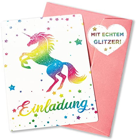 Glitzer Einhorn Einladungskarten für Kindergeburtstag, Party, Einschulung mit oder ohne umschlag für Mädchen oder Jungen Kinder zum Geburtstag Größe 10 Stück, Farbe Glitzer Einhorn + Umschläge