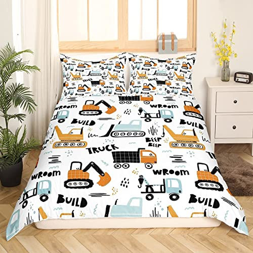 Kinder Cartoon Bagger Bettwäsche-Set Jungen Fahrzeuge LKW Auto Bettbezug Kind niedlich Gebäudeausrüstung Bettwäsche 135x200cm Kleinkind, lustig, Bautransport Bettwäsche Set bunt Raumdekoration