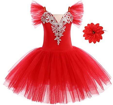 IWEMEK Kids Girls Ruffle Sleeve Lace Flower Tutu Ballet Dress + Hair Clip Gymnastics Leotard Dance Ballerina Costume Fairy Swan Skating Children Dancewear Ballroom Dancer Costume