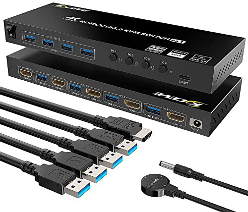 KVM HDMI Umschalter, KCEVE 4 Computer USB 3.0 KVM Switch unterstützt 4K @ 60Hz Auflösung für 4 PC Share Maus, Tastatur und Monitor