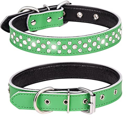 Haoyueer Hundehalsband mit Strasssteinen, verstellbar, glitzernde Kristallnieten, echtes Leder, Haustier-Hundehalsband für kleine und mittelgroße Hunde (M, Grün)
