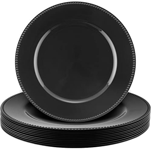 12 piatti di ricarica rotondi in plastica con perline metalliche, 33 cm, per matrimoni, decorazioni per feste, eventi, colore nero