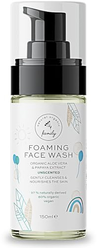 The Natural and Organic Family Kids Face Wash - Unscented Foam Cleanser | 150ml pump - no added fragrance at all - organic aloe vera and papaya - for reactive skin