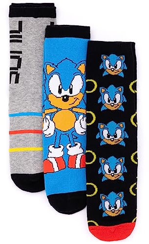 Sonic The Hedgehog Mens Socks 3 Pack | Multicoloured Gaming Graphic Footwear For Adults | Black Grey & Blue & Power Rings Game Accessories | Retro Nostalgic Style Merchandise Gift for Him
