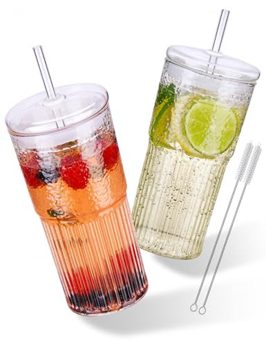 NiHome 2 Stück Gläser mit Deckel und Strohhalm, 650ml Trinkgläser mit Strohhalm und Deckel für Eiskaffee, Smoothies und Tee, Weithals-Trinkglas mit Geräuschdämpfungsring, Glas Smoothie Becher