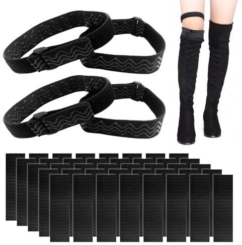 MIVAIUN Kniestiefelriemen,2 Paar Stiefelriemen plus 40 Stück Gummi Backing Tape Sticker, Rutschfester Riemen,Overknee Halterung,Rutschfeste Stiefel Fester,zur Absturzsicherung(Schwarz)