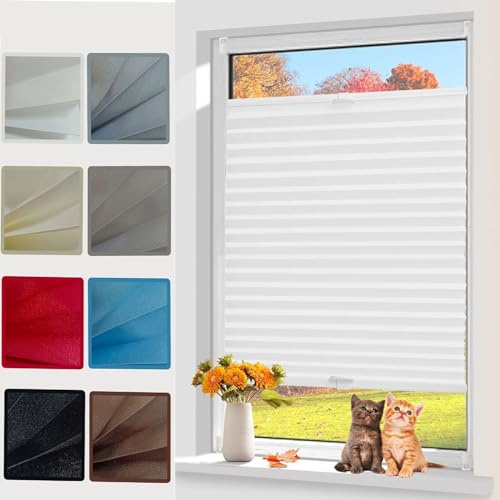 Plissee ohne Bohren Klemmfix, 105 x 100 cm Blickdicht Sichtschutz Sonnenschutz Plissee ohne Bohren Klemmfix Rollo Blickdichtes Falt-Rollo, für Fenster, Weiß