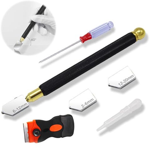 5 Pezzi Strumento Tagliavetro, Tagliavetro per Vetro, Punta di Diamante Coltello,Professionale Strumento di Taglio di Vetro,Taglia Vetro Piastrelle,Viene fornito con coltello per la pulizia del vetro