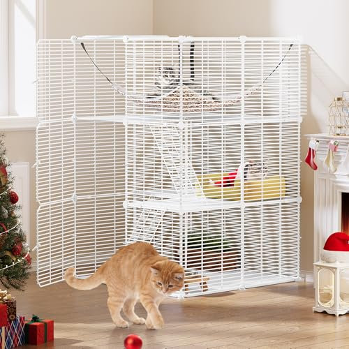 YITAHOME Jaula para Gatos, Recinto para Gatos con 3 Puertas, 2 Escaleras, Corral de Metal para Gatos de 3 Niveles con Hamaca, Jaula Catio de Alambre Denso para 1-2 Gatos, Blanco, 72x72x104cm