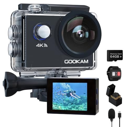 GOOKAM Cámara Deportiva 4K WiFi 20MP con 64G Tarjeta Cámara Acción Sumergible 40M Camara Acuática 170° Gran Angular 2.4G Remoto y Micrófono Externo con 2 Baterías de 1050mAh y Accesorios Multiples