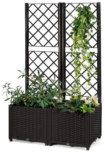 GOPLUS Blumenkasten mit Rankgitter, Hochbeet mit Spalier für Kletterpflanzen & Topfpflanzen, Tiefes Pflanzbeet mit Drainagelöchern für Balkon, Hinterhof & Garten (Braun, 80 x 40 x 122 cm)