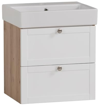 Lomadox Badezimmer Waschtisch 50cm Eiche weiß matt, Waschtischunterschrank mit Keramik Waschbecken