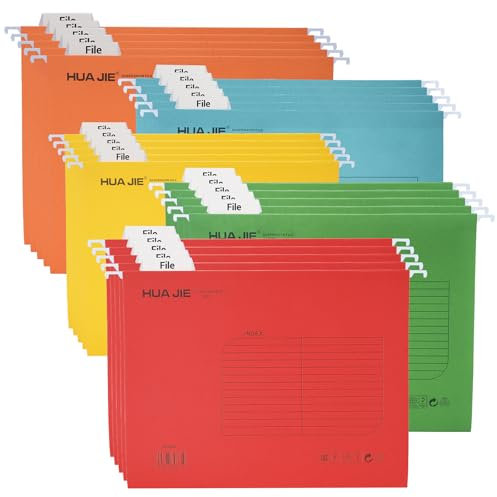 Hiziwimi Foolscap Reinforced Paper Suspension Files, [Pack of 25], Hanging Files Foolscap with Tabs and Card Inserts, 5 Colors Filing Cabinet Suspension File for Office, School Desktop File Storage