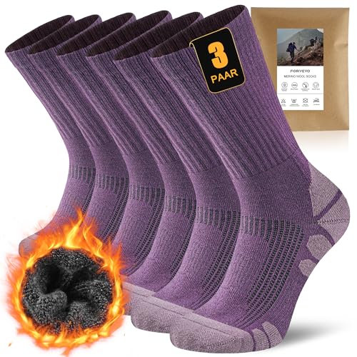 FORVEVO 60% Merino Wandersocken Damen 35-38, 3 Paar Merinowolle Socken Damen Atmungsaktiv, Warme Wintersocken, Atmungsaktiv Sportsocken für Trekking Outdoor, Lila