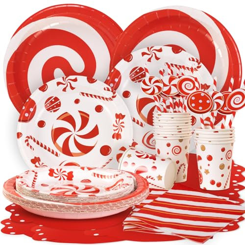 Easy Joy 96PCS Christmas Candy Cane Party Plates Supplies Peppermint Candy Tableware Set Red White Striped Paper Tableware for New Year Christmas Holiday Party