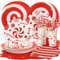 Easy Joy 96PCS Christmas Candy Cane Party Plates Supplies Peppermint Candy Tableware Set Red White Striped Paper Tableware for New Year Christmas Holiday Party
