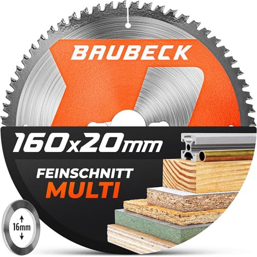 BAUBECK Sägeblatt 160x20 +16mm Adapter, 60Z, 1.5mm Feinschnitt in Holz & Alu kompatibel mit Festool TS 55 / ATF 55 E, Bosch PKS 55 A/PKS 54, Kreissägeblatt 160x20, Sägeblatt 160x16