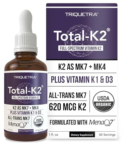 Total K2® | Vitamin K2 as MK7 & MK4 | Plus K1 & Vitamin D3 Cofactor - 620 mcg K2 per Serving - All-Trans MK7 from MenaQ7® - Full-Spectrum Vitamin K - Vegan, Organic Certified (Liquid 1 oz)