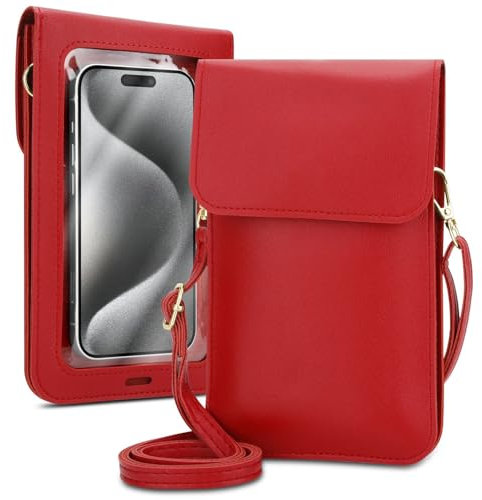 Cadorabo Handytasche zum Umhängen kompatibel mit Fairphone 4-kleine Handtasche mit Handyfach und Sichtfenster, Handy Umhängetasche Mini für 4, 2 Fächer, PULeder, Damen, ROT