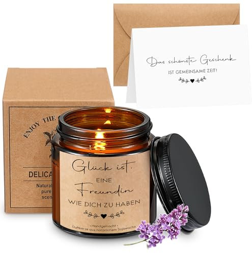 Sinmoe Geschenk für Freundin Duftkerze im Glas mit Spruch Freundschaft Kerze mit Karte Umschlag für Beste Freundin Geburtstag Weihnachten (Glück ist, eine Freundin wie dich zu haben, Lavendel)