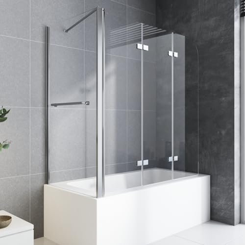 Badewannenaufsatz 75 x 120 x 140cm Duschwand für Badewanne Duschkabine 6mm Nano Glas Badewannen Duschwand Faltbar Badewanne Duschtrennwand mit Seitenwand 3-teilig Faltwand