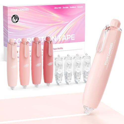 Four Candies Refillable Correction Tape, 4PCS White Tape with 4 Refills