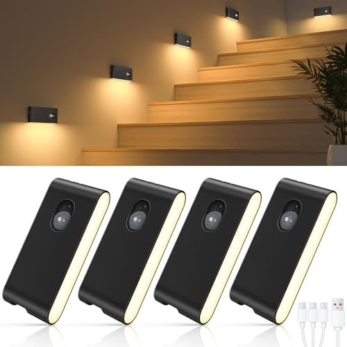 WILLED Led Nachtlicht mit Bewegungsmelder, 4 Stück Treppenlicht mit Bewegungsmelder, Aufladbar USB Treppenbeleuchtung mit 3 Modi (Auto/ON/OFF), für Treppe, Schlafzimmer, Küche, Flur, Badezimmer
