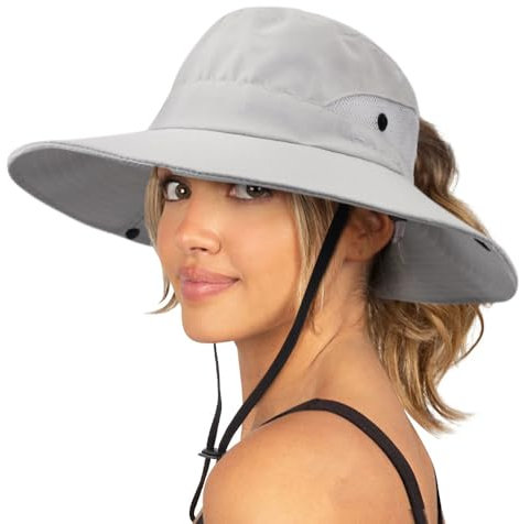 DRESHOW Damen Sonnenhut Outdoor UV-Schutz Hut faltbar Mesh breite Krempe Angeln Pferdeschwanz Strand Eimer Hüte
